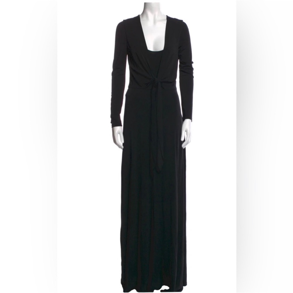 Alice + Olivia  Salina Plunging V-Neck Tie Waist Maxi Black Dress